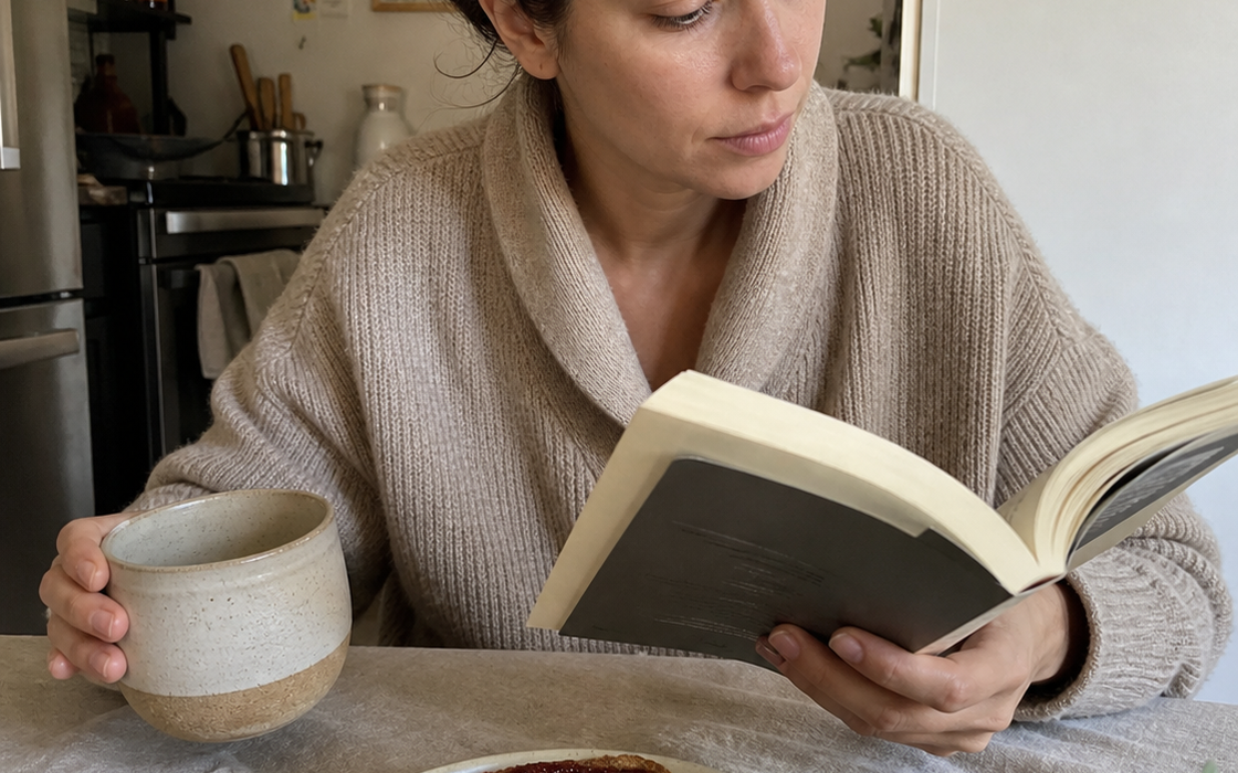 Frau liest morgens mit einer Tasse am Küchentisch – editoriale OBELLU Bildwelt