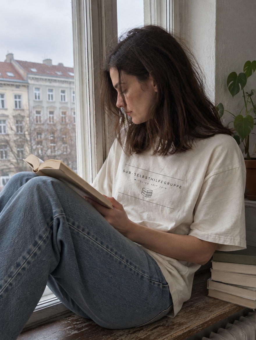 Frau im Profil liest ein Buch am Altbaufenster, trägt ein cremefarbenes Shirt mit dem Print SuB-Selbsthilfegruppe – Mitglied seit 2019