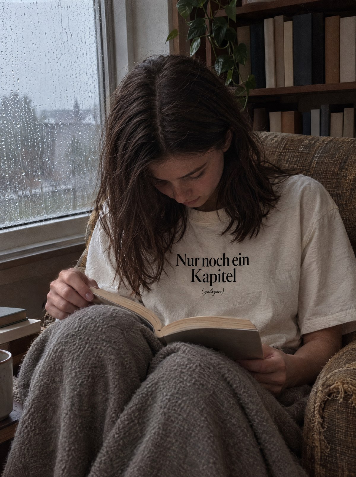Frau liest eingekuschelt im Sessel am Regenfenster, trägt ein cremefarbenes Shirt mit dem Print Nur noch ein Kapitel (gelogen)