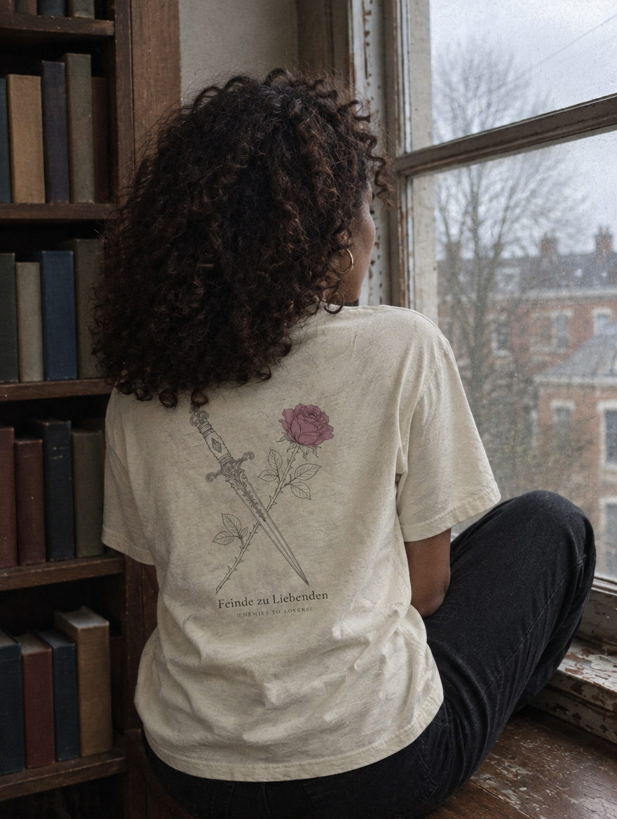 Frau von hinten am Altbaufenster, trägt ein Shirt mit Rückendruck Dolch und Rose, Feinde zu Liebenden