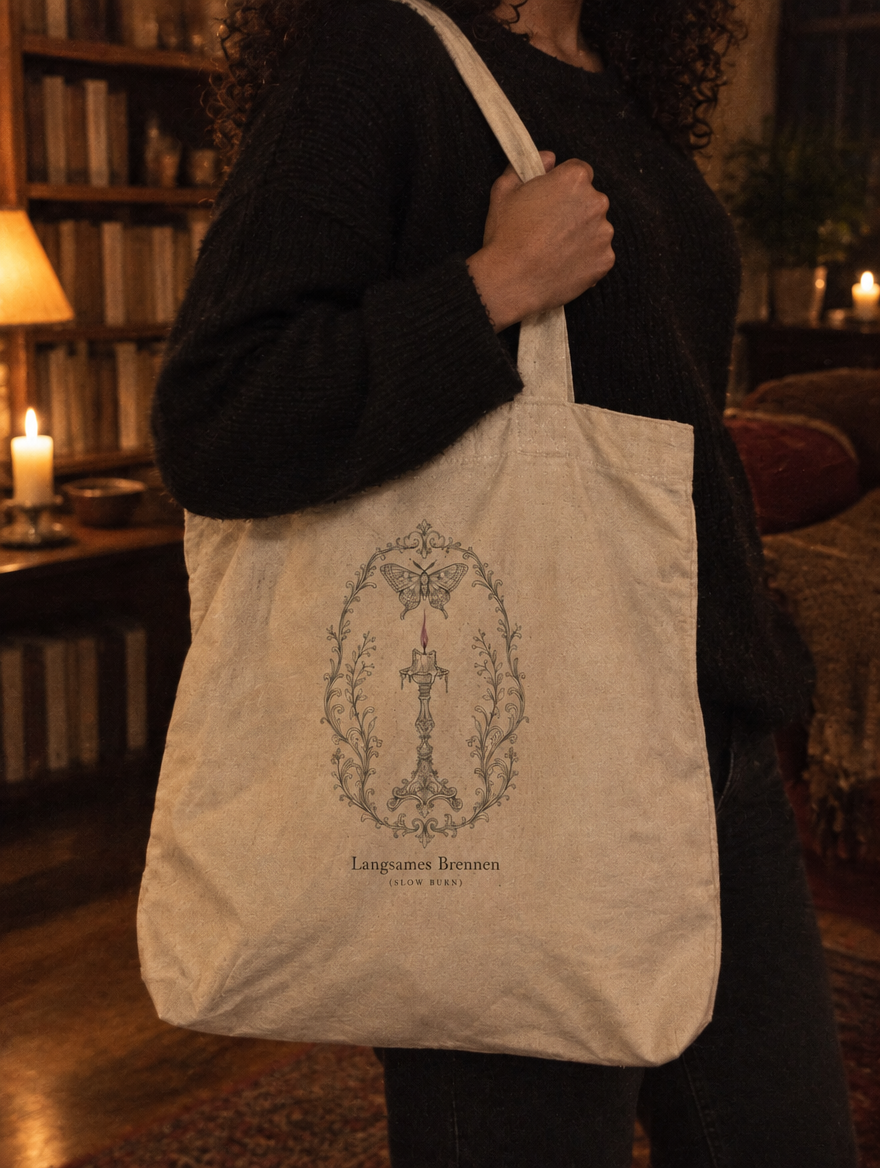 Frau hält die Langsames-Brennen Tote-Bag in einem kerzenbeleuchteten Wohnzimmer