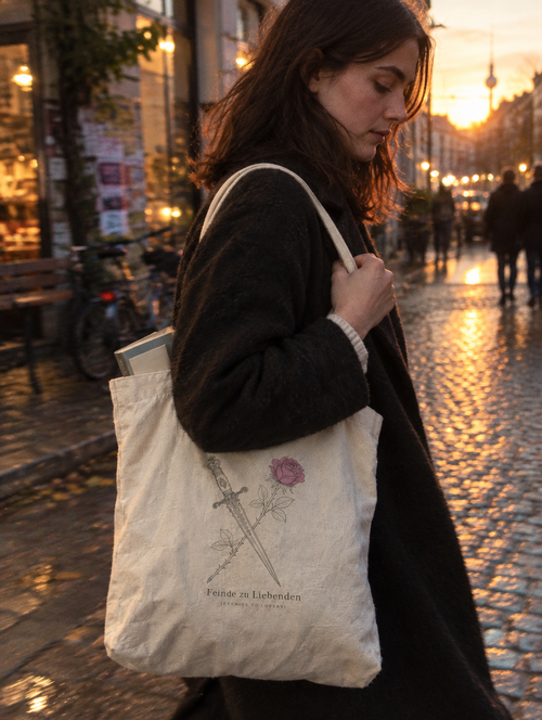 Frau trägt die Feinde-zu-Liebenden Tote-Bag über der Schulter auf einer Berliner Straße bei Sonnenuntergang