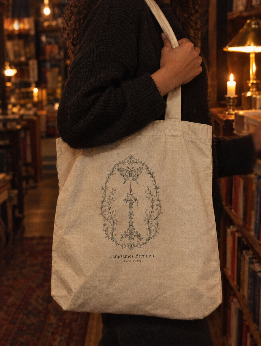 Nahaufnahme des Kerzen-Emblems auf der Langsames-Brennen Tote-Bag
