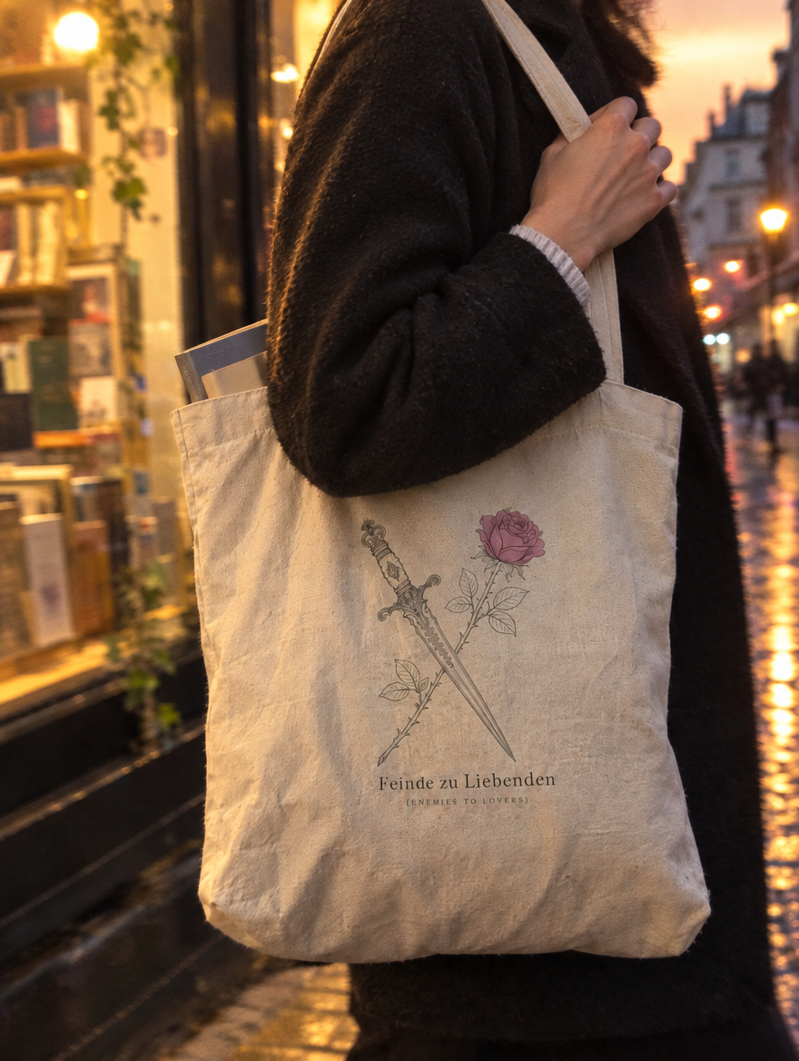 Nahaufnahme des Dolch-und-Rose-Drucks auf der Feinde-zu-Liebenden Tote-Bag