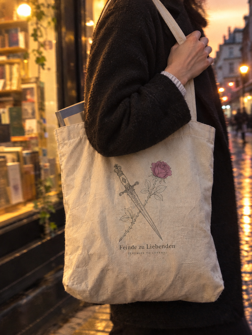 Nahaufnahme des Dolch-und-Rose-Drucks auf der Feinde-zu-Liebenden Tote-Bag