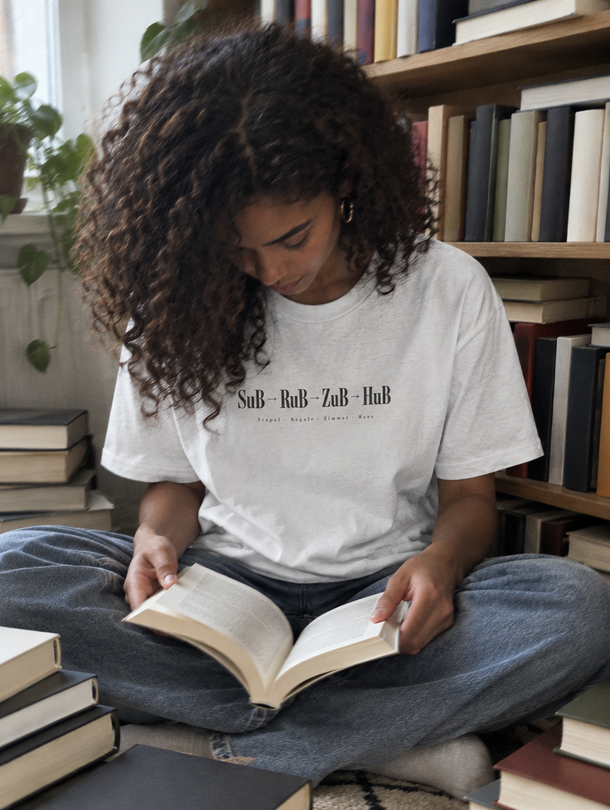 SuB-Eskalation Shirt in Weiß, Frau zwischen Bücherstapeln