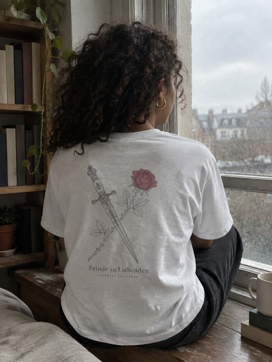 Feinde zu Liebenden Shirt in Weiß, Rückendruck am Fenster