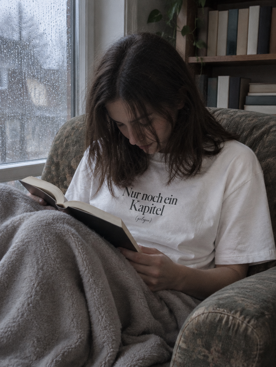 Nur noch ein Kapitel Shirt in Heather Grey, Frau im Sessel