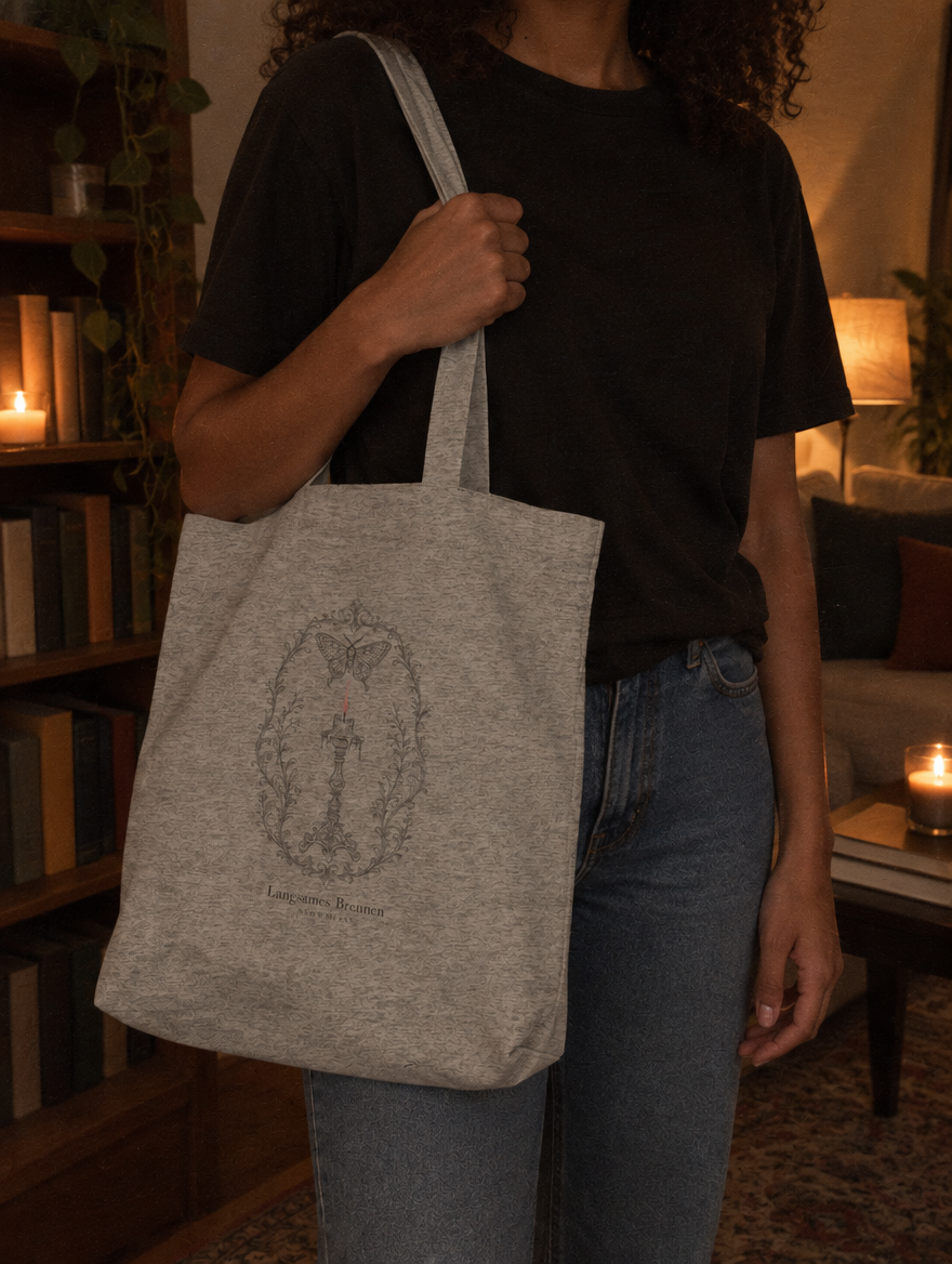 Langsames Brennen Tote-Bag in Heather Grey im Kerzenlicht