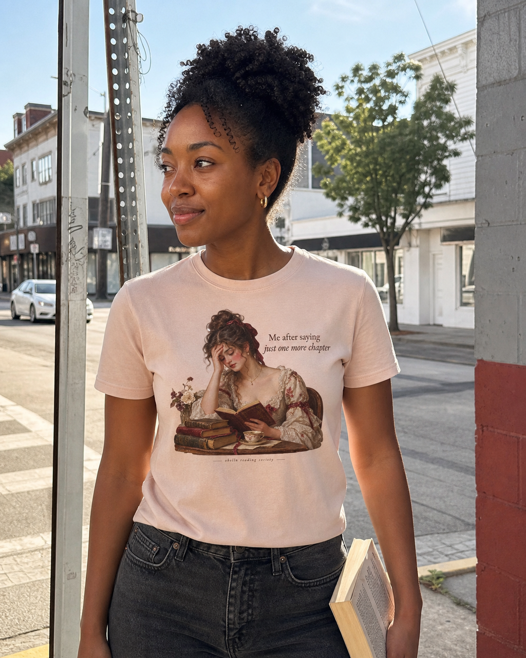 OBELLU Just One More Chapter Classic T-Shirt – Fraiche Peche model lifestyle