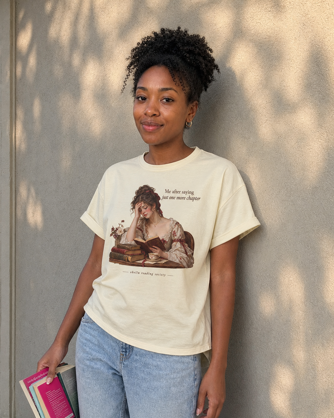 OBELLU Just One More Chapter Rolled Sleeve T-Shirt – Butter model lifestyle