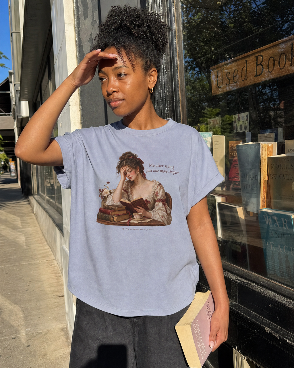 OBELLU Just One More Chapter Rolled Sleeve T-Shirt – Serene Blue model lifestyle