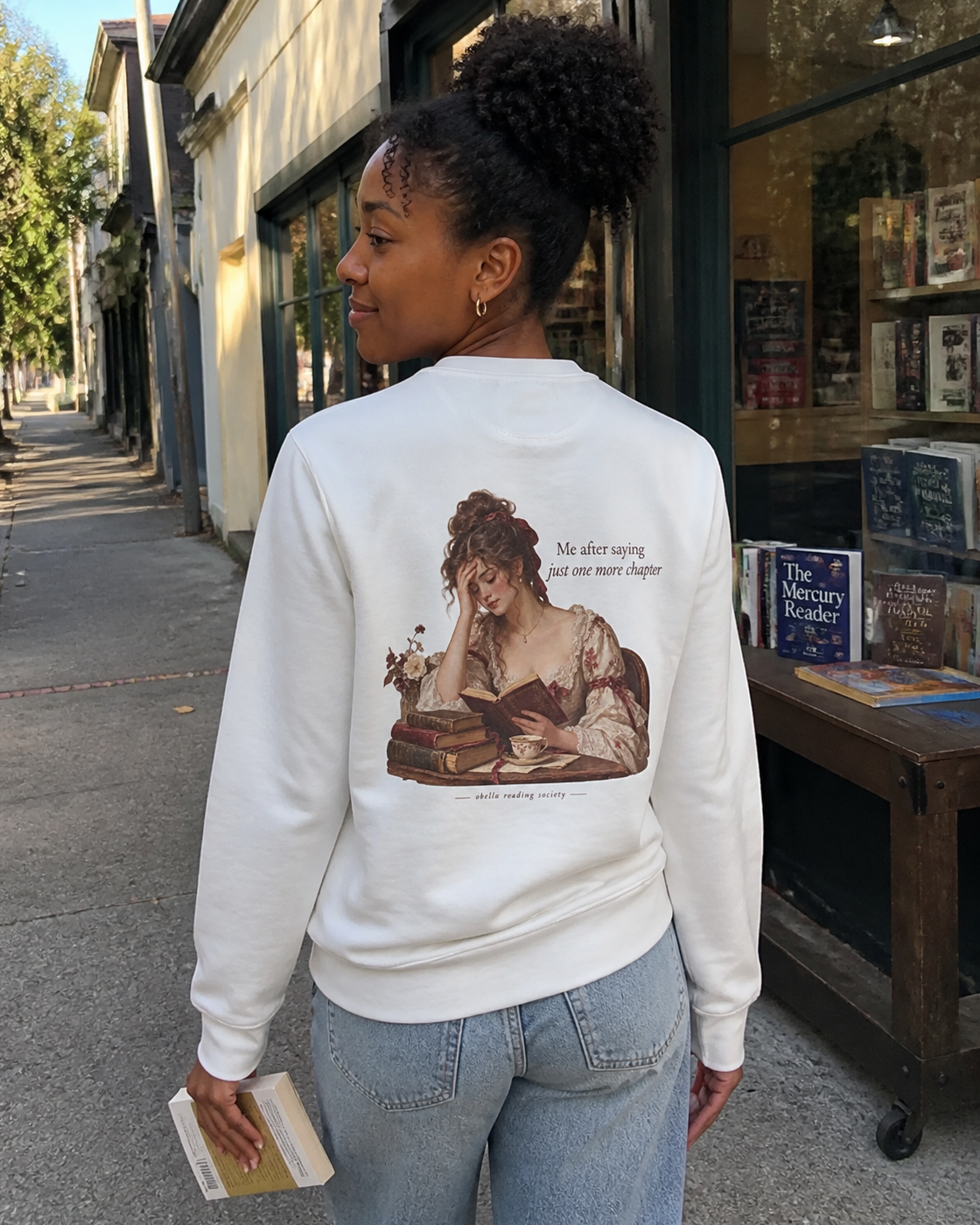 OBELLU Just One More Chapter Sweatshirt – White model lifestyle back view