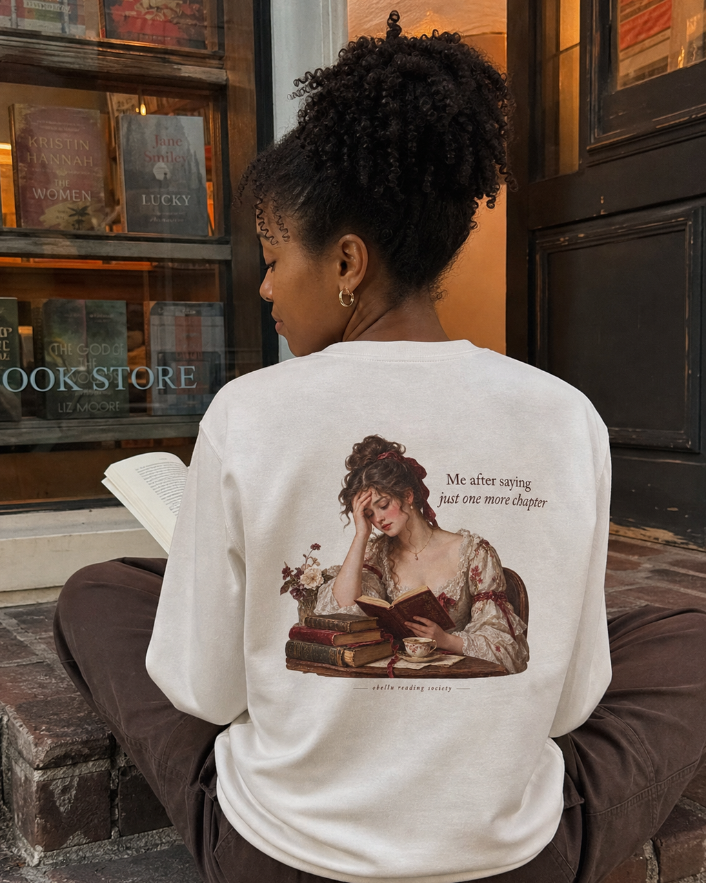 OBELLU Just One More Chapter Sweatshirt – Vintage White model lifestyle back view