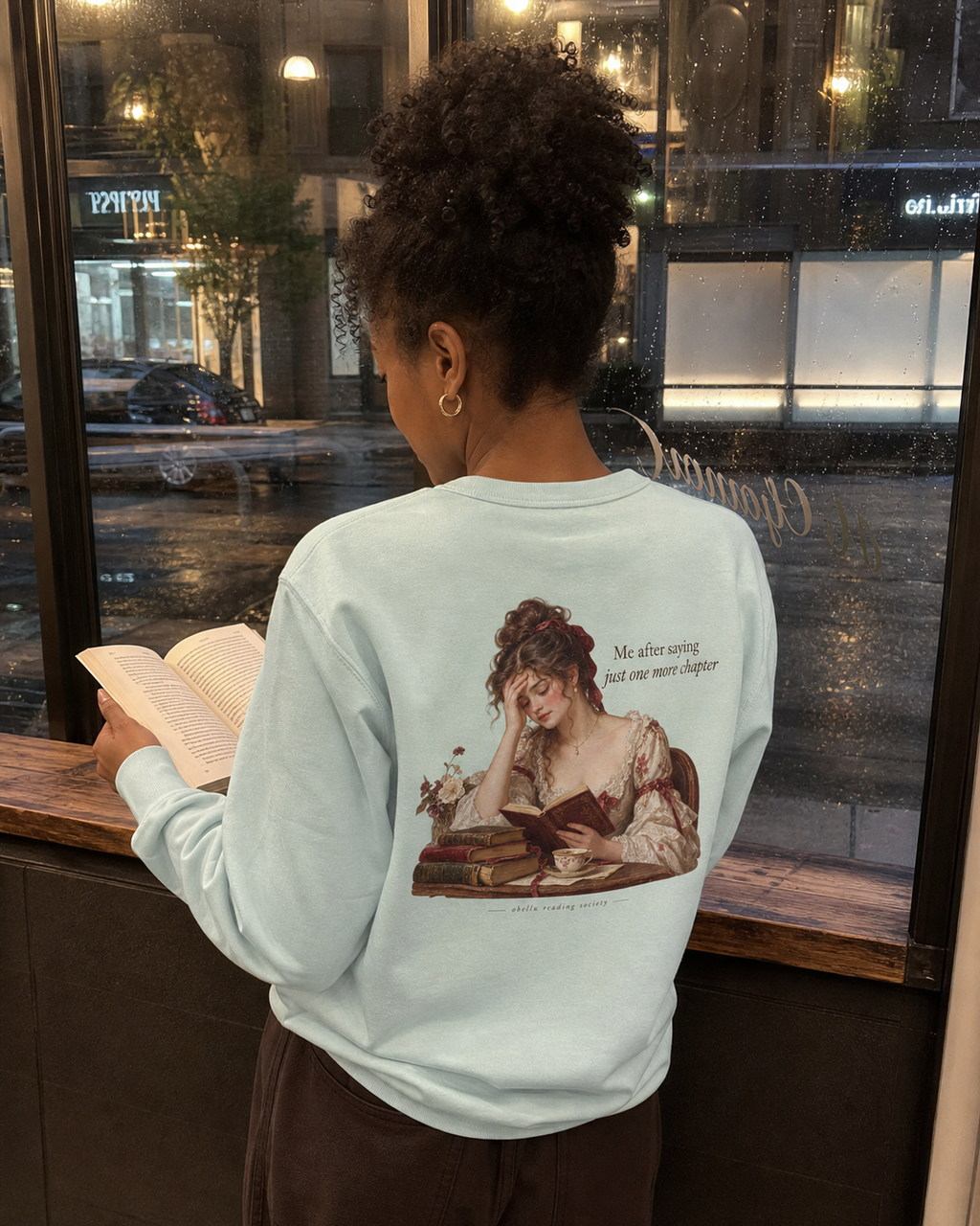OBELLU Just One More Chapter Sweatshirt – Caribbean Blue model lifestyle back view