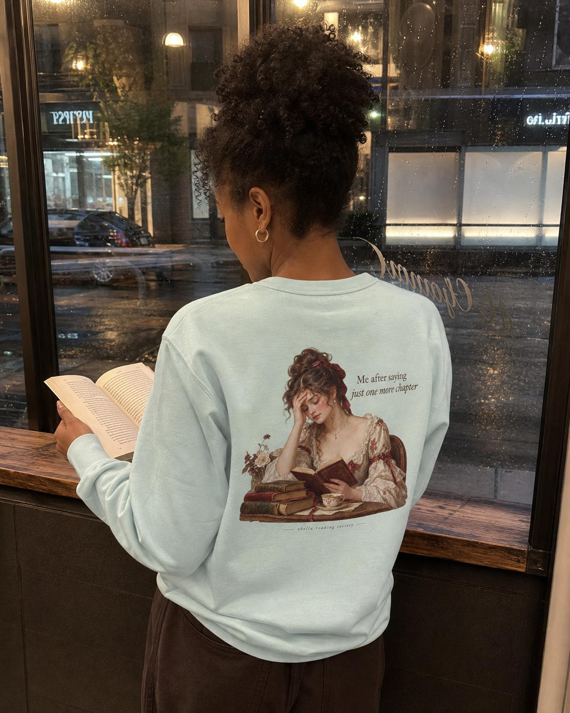 OBELLU Just One More Chapter Sweatshirt – Caribbean Blue model lifestyle back view