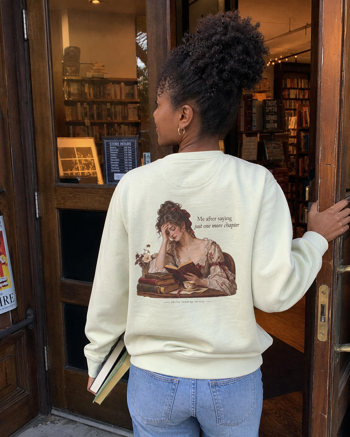 OBELLU Just One More Chapter Sweatshirt – Stem Green model lifestyle back view