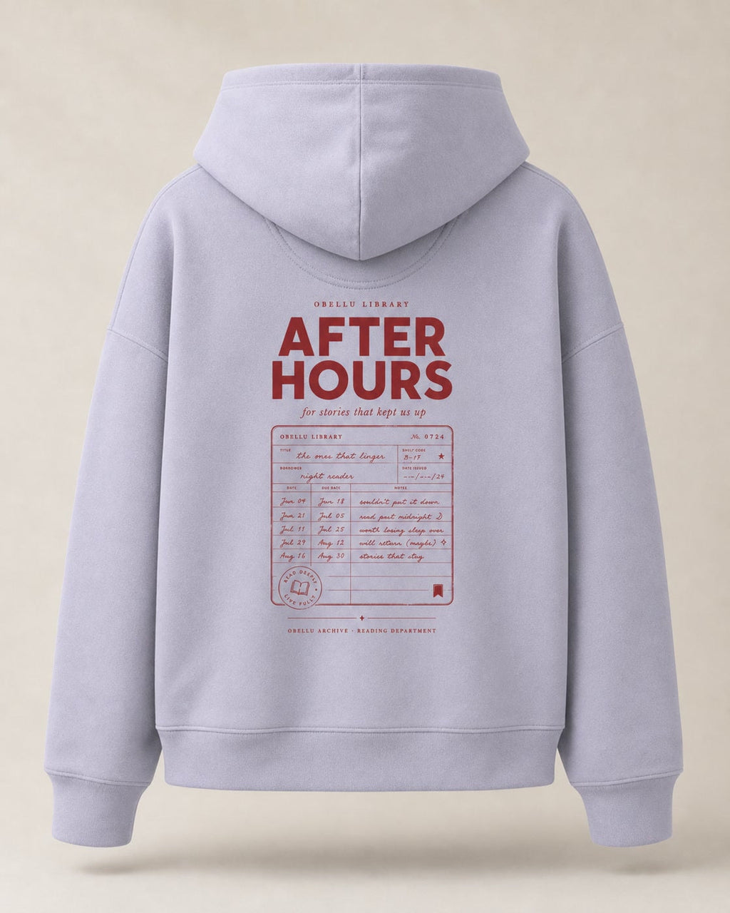 After Hours Library – Boxcut Hoodie in Lavender – 3D-Produktansicht