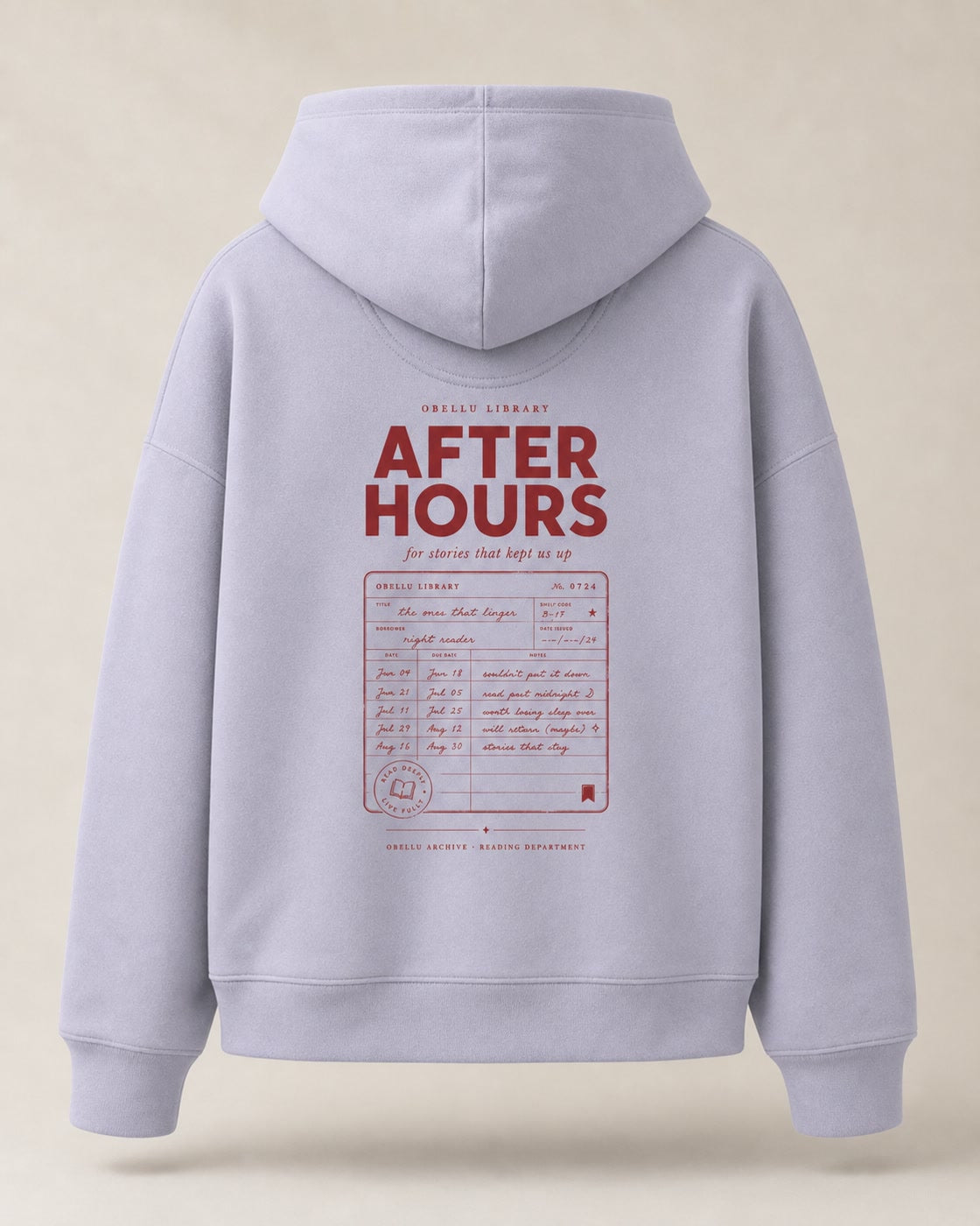 After Hours Library – Boxcut Hoodie in Lavender – 3D-Produktansicht