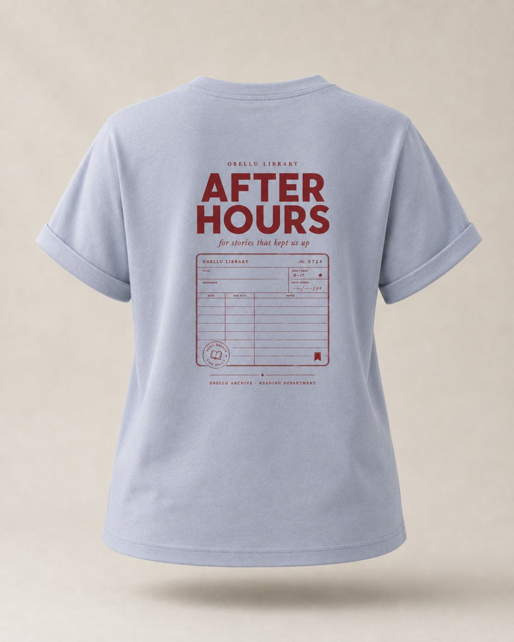 After Hours Library – Rolled Sleeve T-Shirt in Serene Blue – 3D-Produktansicht