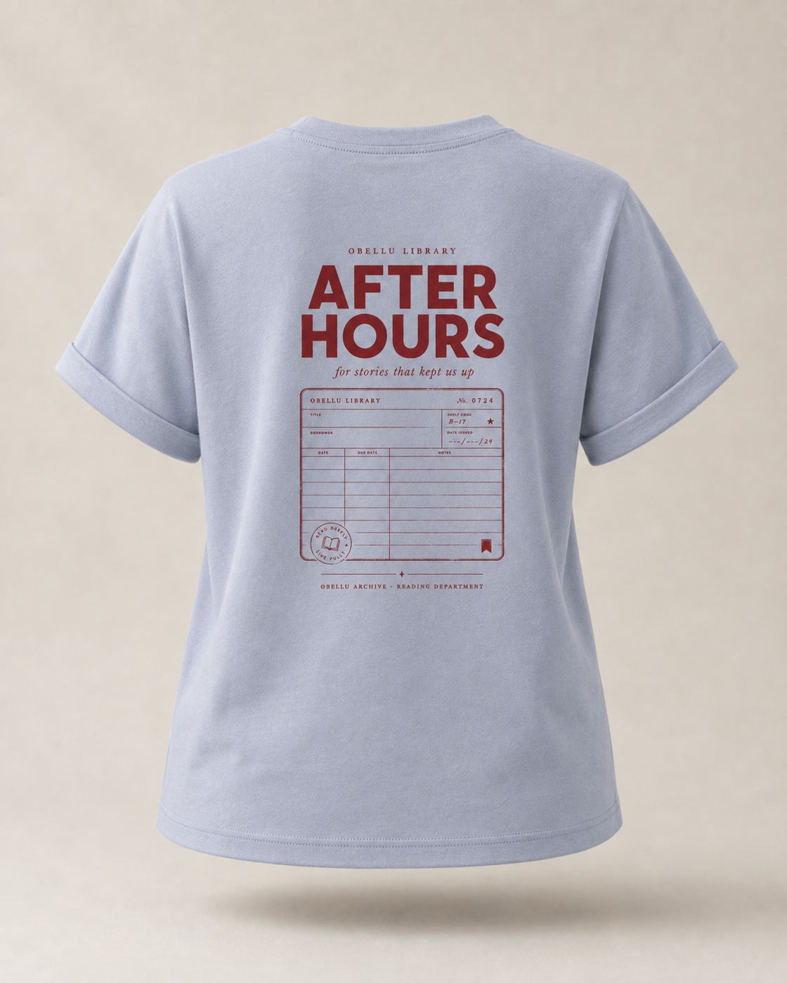 After Hours Library – Rolled Sleeve T-Shirt in Serene Blue – 3D-Produktansicht