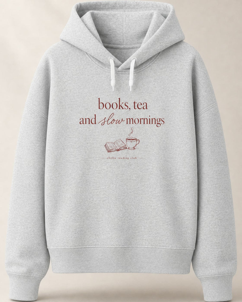 Books, Tea & Slow Mornings – Boxcut Hoodie in Cool Heather Grey – 3D-Produktansicht