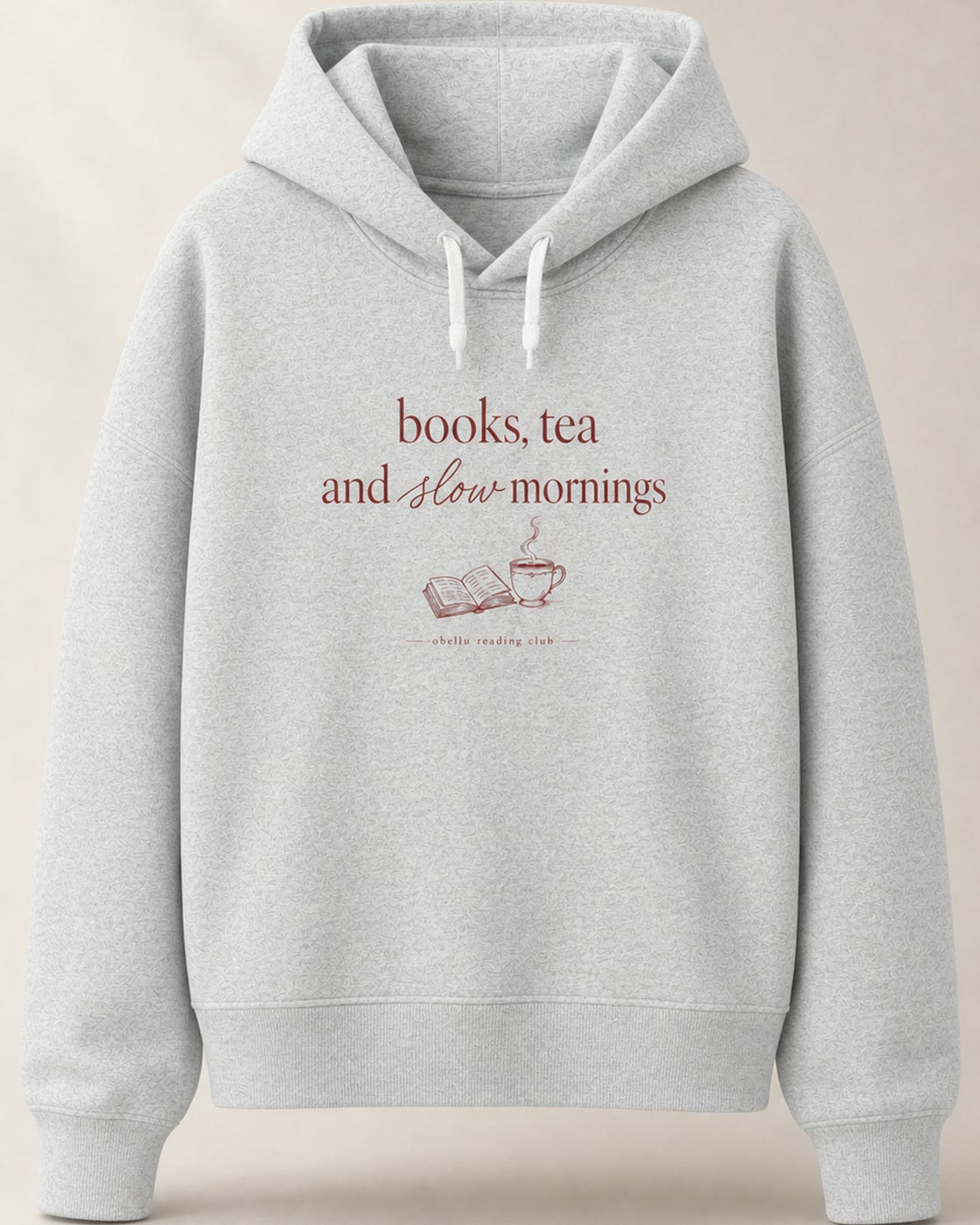 Books, Tea & Slow Mornings – Boxcut Hoodie in Cool Heather Grey – 3D-Produktansicht
