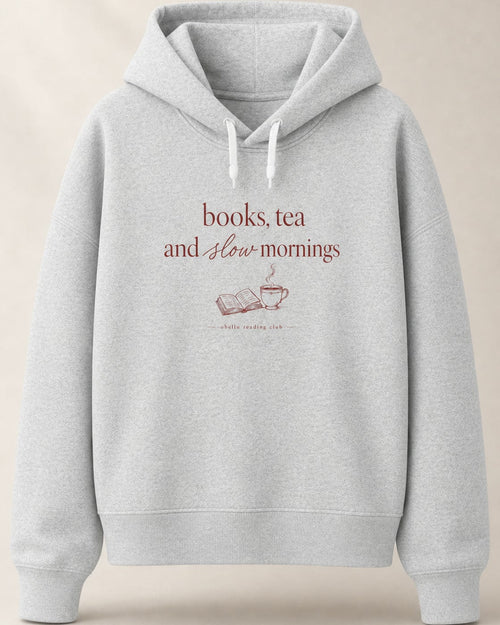 Books, Tea & Slow Mornings – Boxcut Hoodie in Cool Heather Grey – 3D-Produktansicht