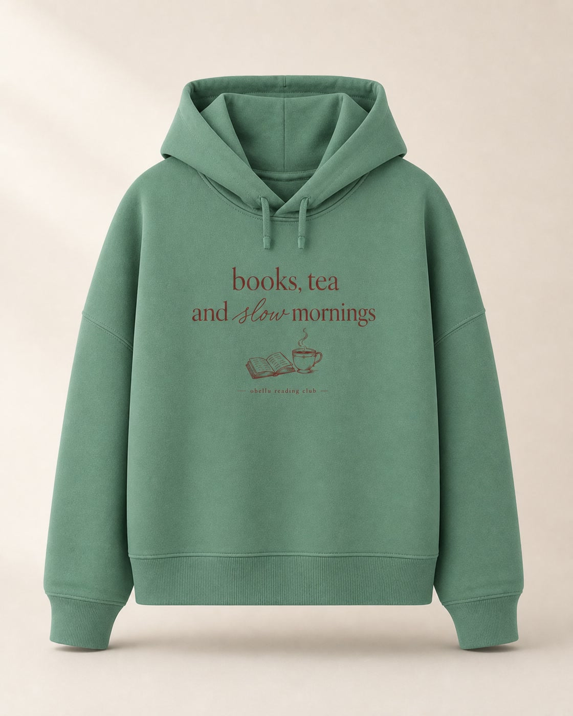 Books, Tea & Slow Mornings – Boxcut Hoodie in Green Bay – 3D-Produktansicht