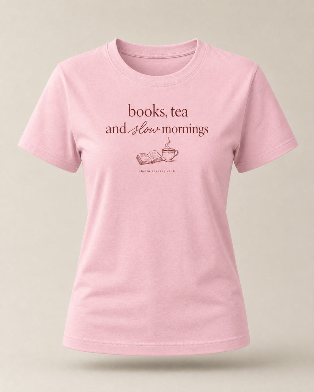 Books, Tea & Slow Mornings – Classic T-Shirt in Cotton Pink – 3D-Produktansicht