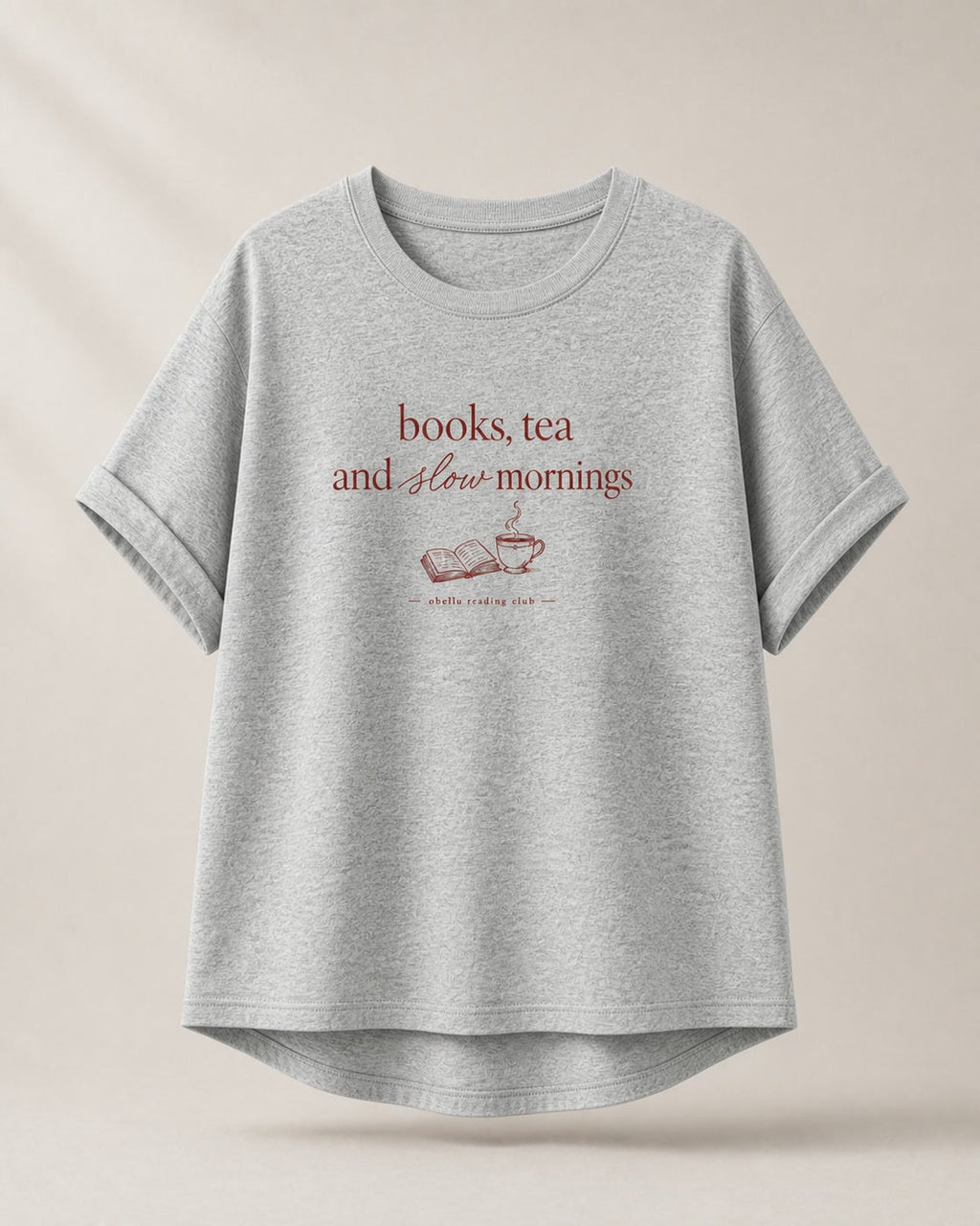 Books, Tea & Slow Mornings – Rolled Sleeve T-Shirt in Heather Grey – 3D-Produktansicht