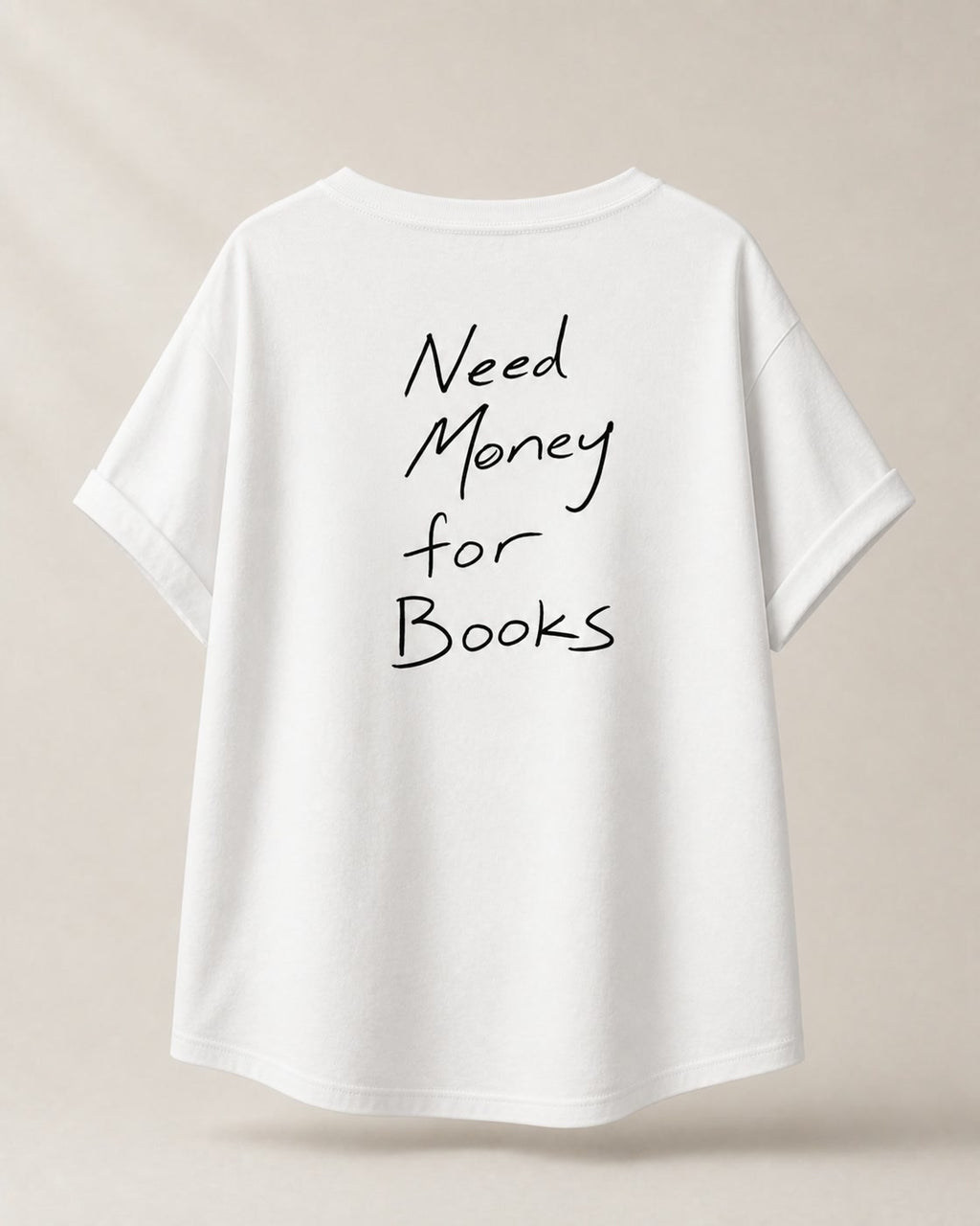 Need Money for Books – Longline T-Shirt in White – 3D-Produktansicht