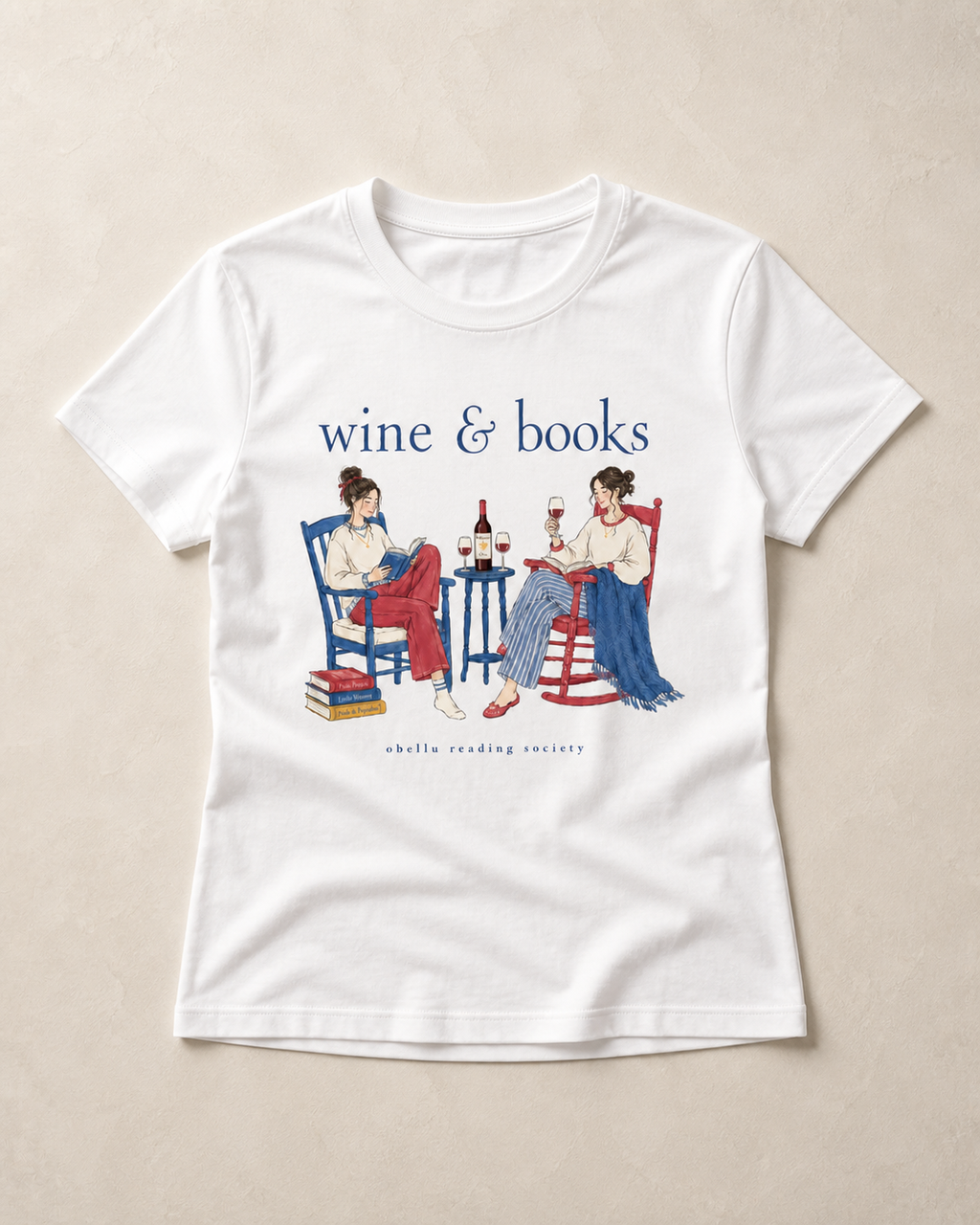 Wine & Books Classic T-Shirt – Vorderansicht als natürlicher Laydown