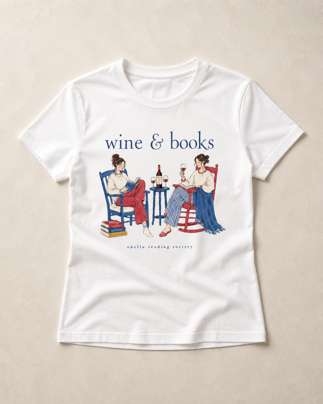 Wine & Books Classic T-Shirt – Vorderansicht als natürlicher Laydown