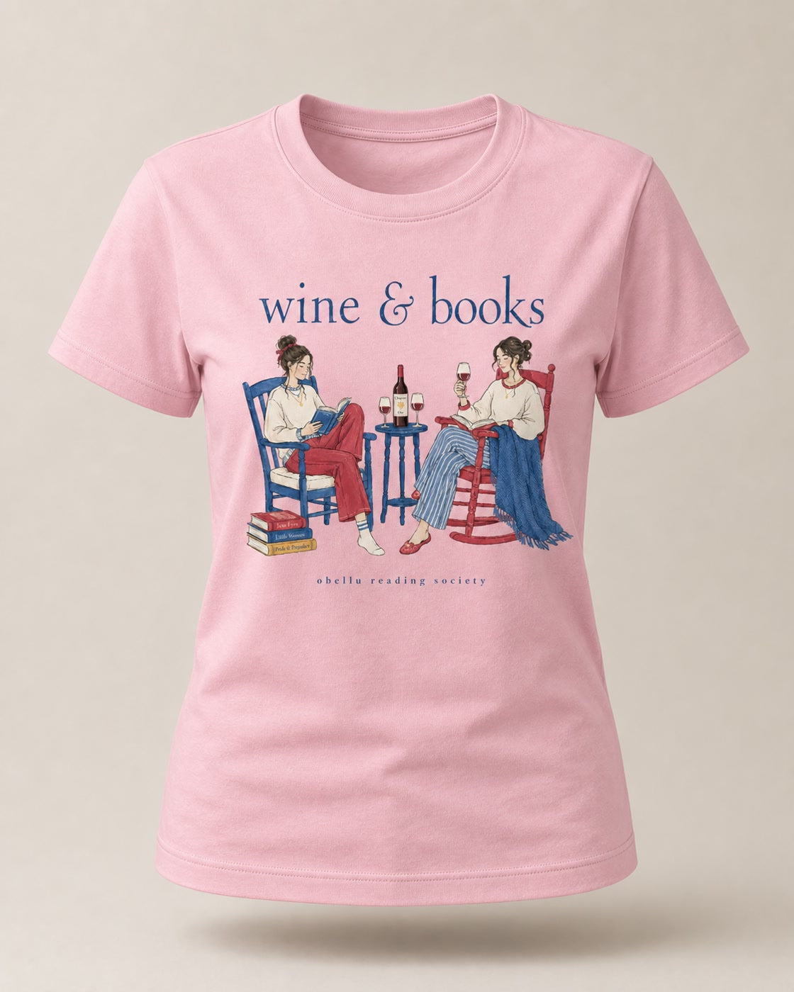 Wine & Books – Classic T-Shirt in Cotton Pink – 3D-Produktansicht