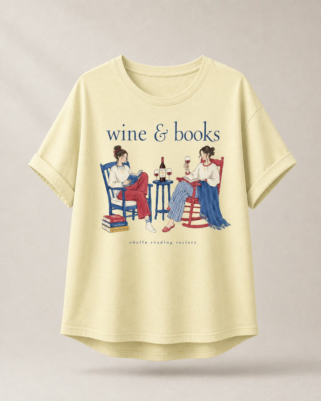 Wine & Books – Rolled Sleeve T-Shirt in Butter – 3D-Produktansicht