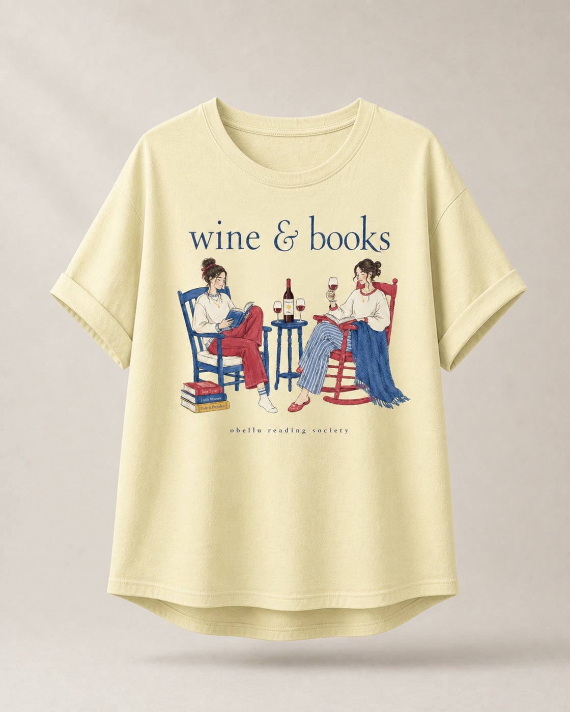 Wine & Books – Rolled Sleeve T-Shirt in Butter – 3D-Produktansicht