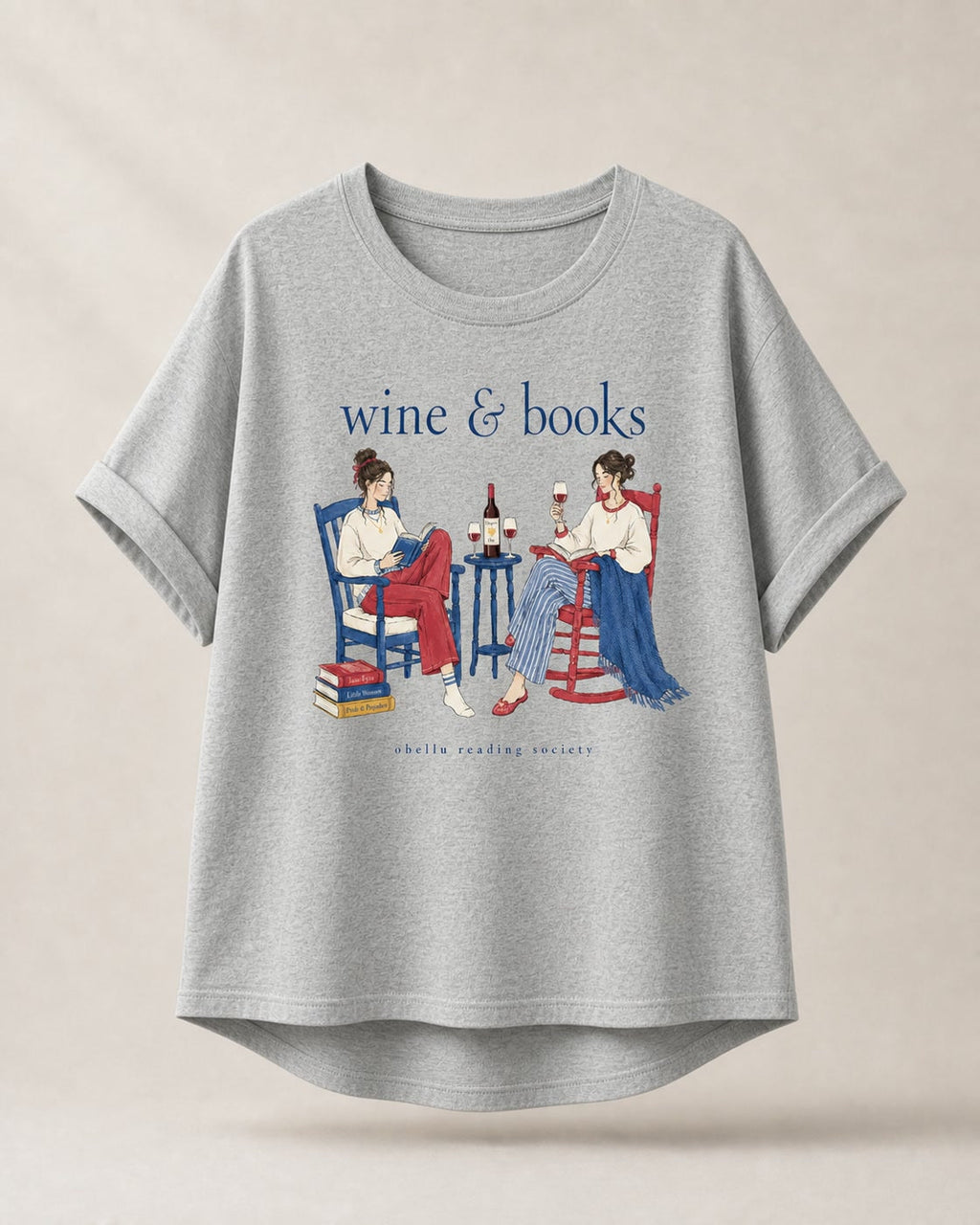 Wine & Books – Rolled Sleeve T-Shirt in Heather Grey – 3D-Produktansicht