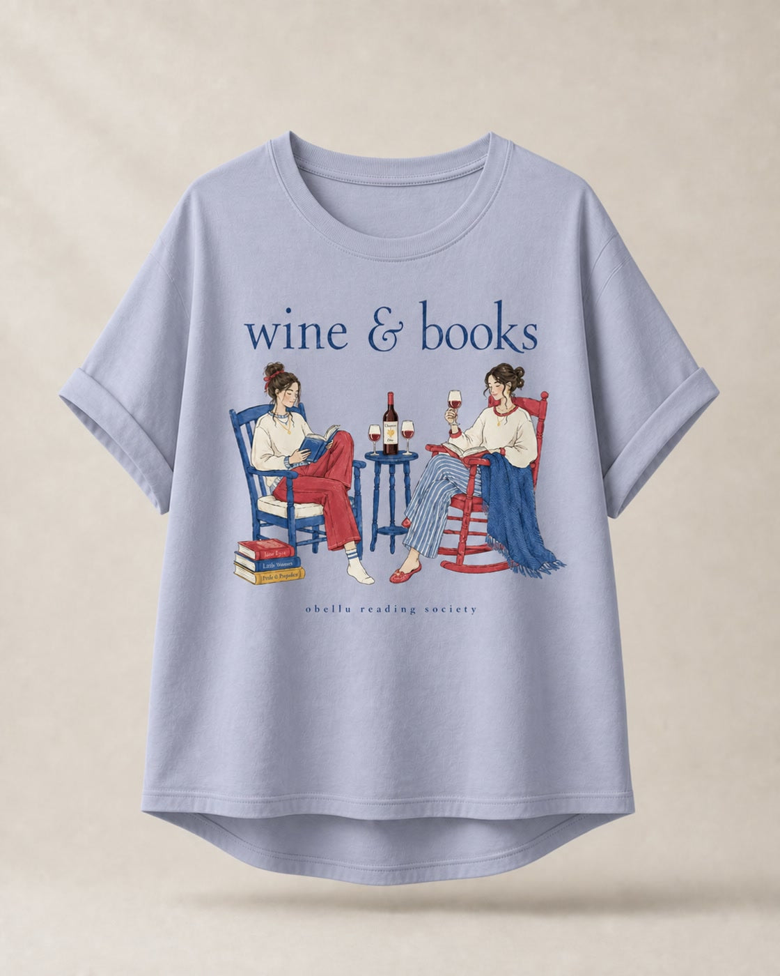 Wine & Books – Rolled Sleeve T-Shirt in Serene Blue – 3D-Produktansicht