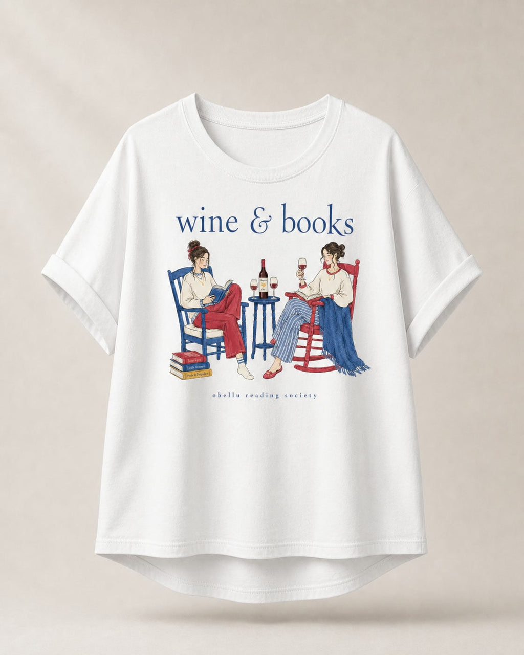 Wine & Books – Rolled Sleeve T-Shirt in White – 3D-Produktansicht