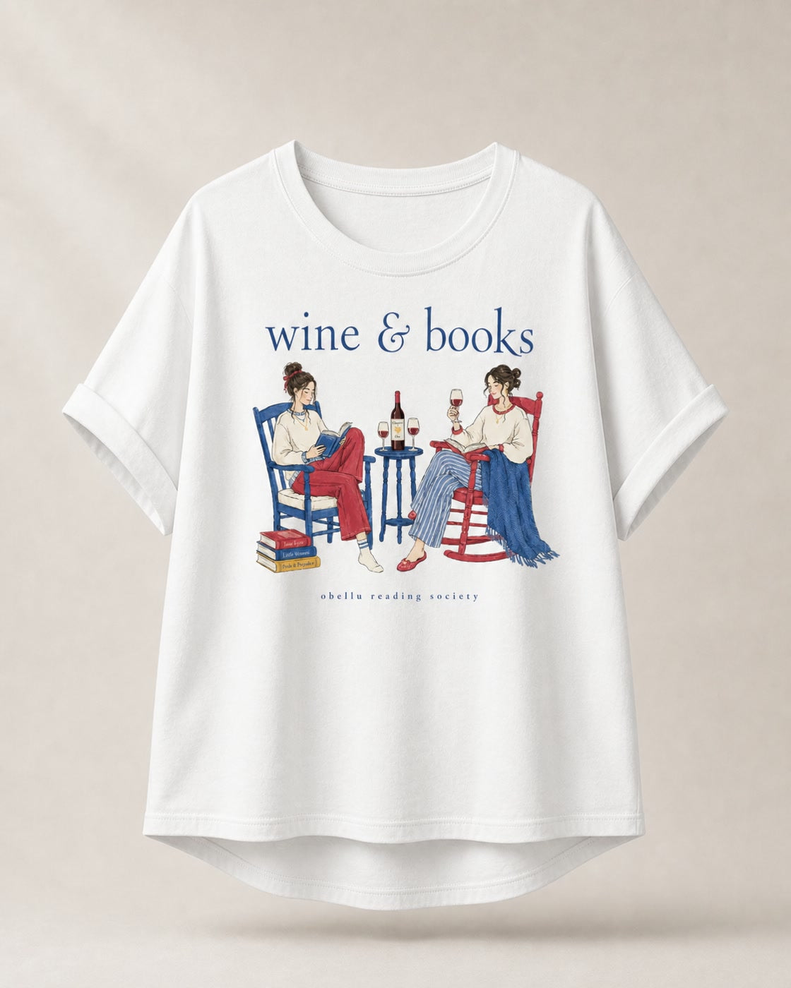 Wine & Books – Rolled Sleeve T-Shirt in White – 3D-Produktansicht