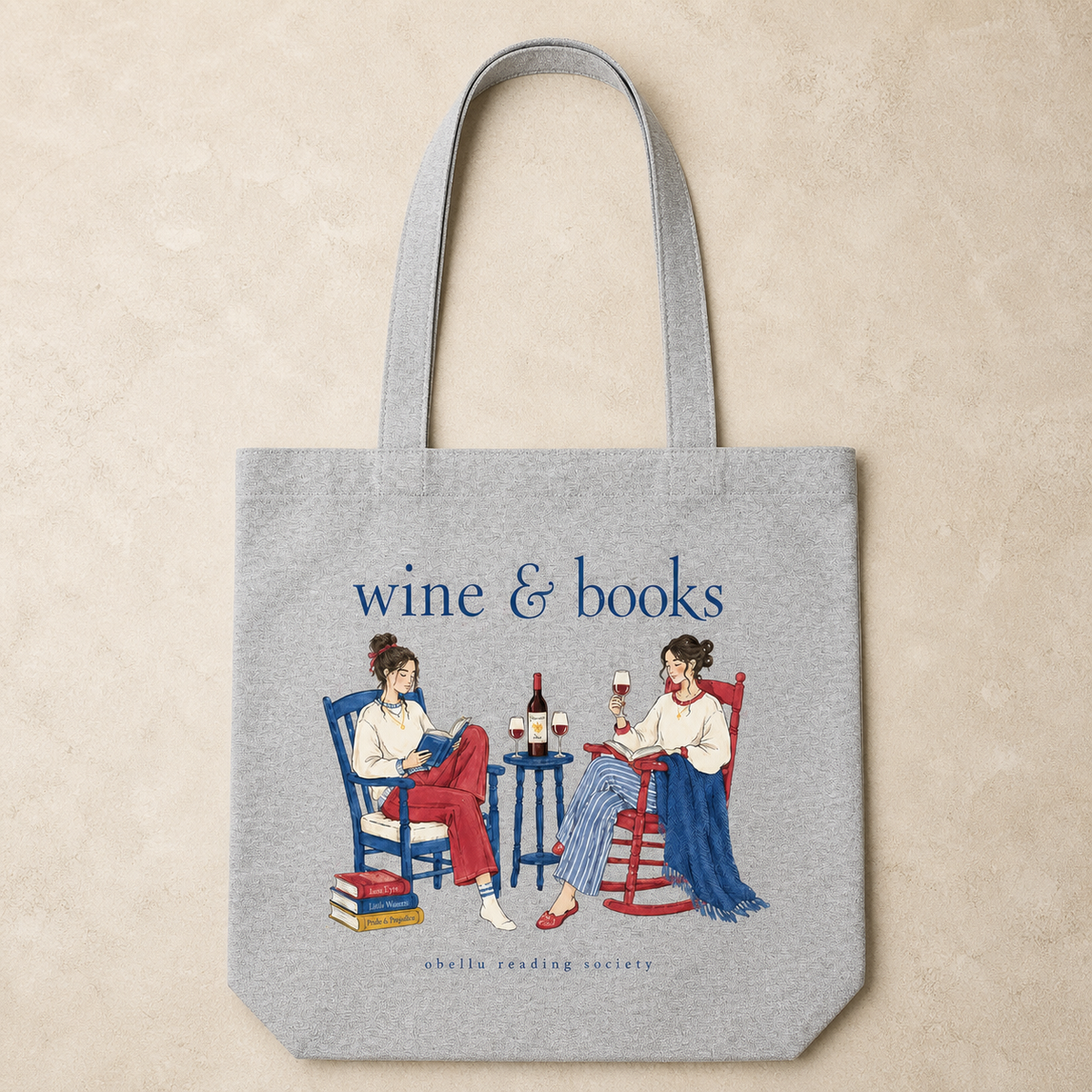 Wine & Books Tote Bag in Heather Grey – natürlicher Laydown