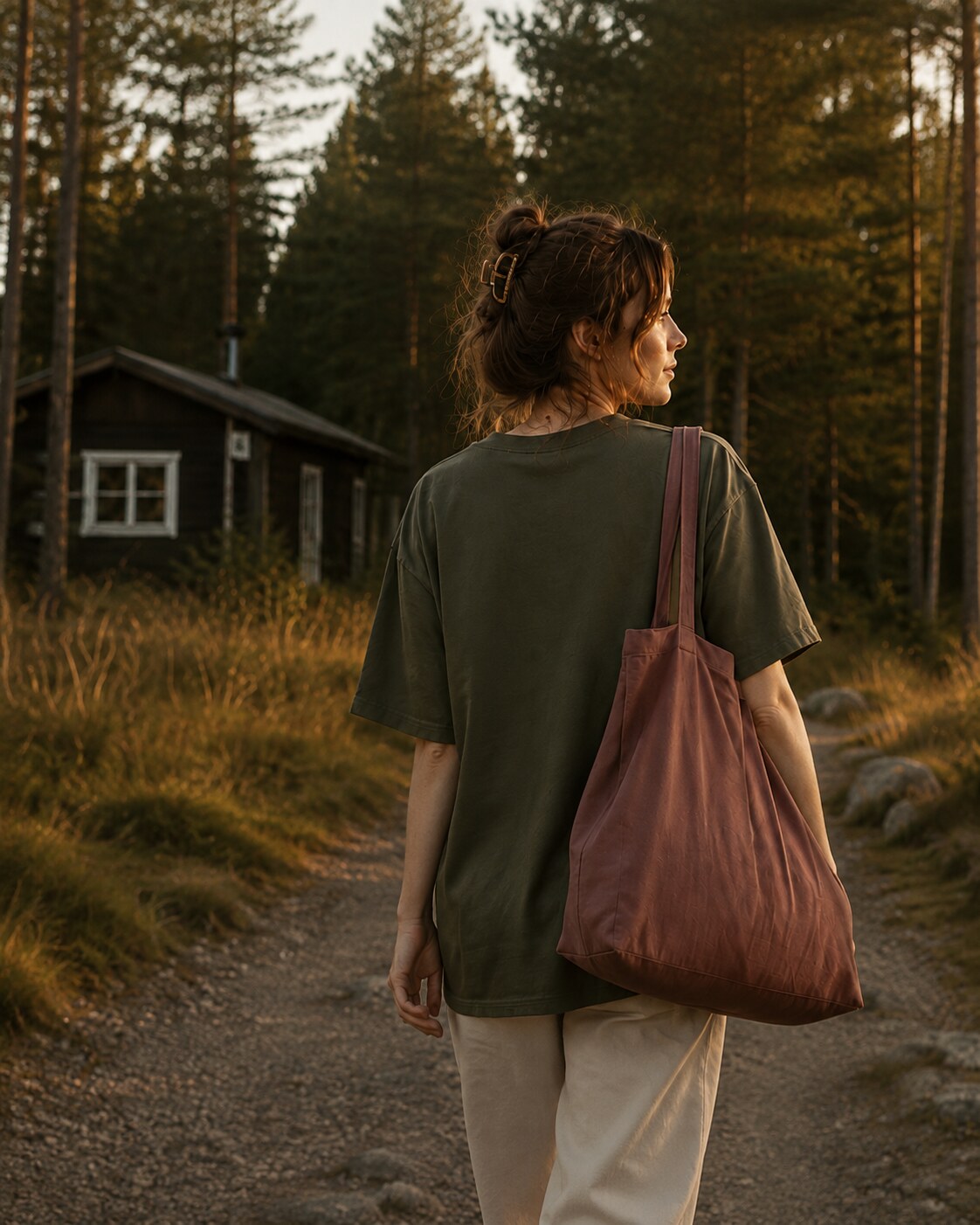Frau mit roséfarbener Tote Bag auf einem ruhigen Waldweg am Abend