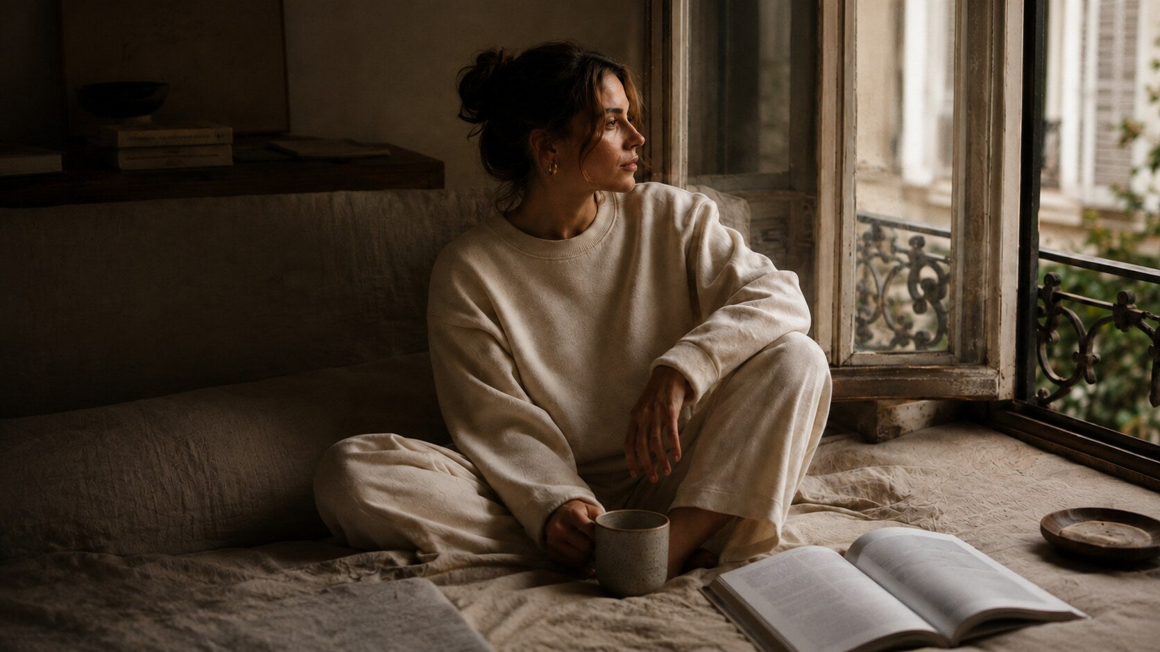 Frau in cremefarbenem Loungewear sitzt mit Buch und Keramiktasse an einem alten Fenster